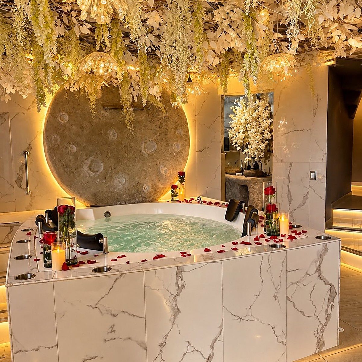 Jacuzzi de mármol de Garden SPA con pétalos en el agua, flores blancas colgantes y un disco dorado iluminado al fondo